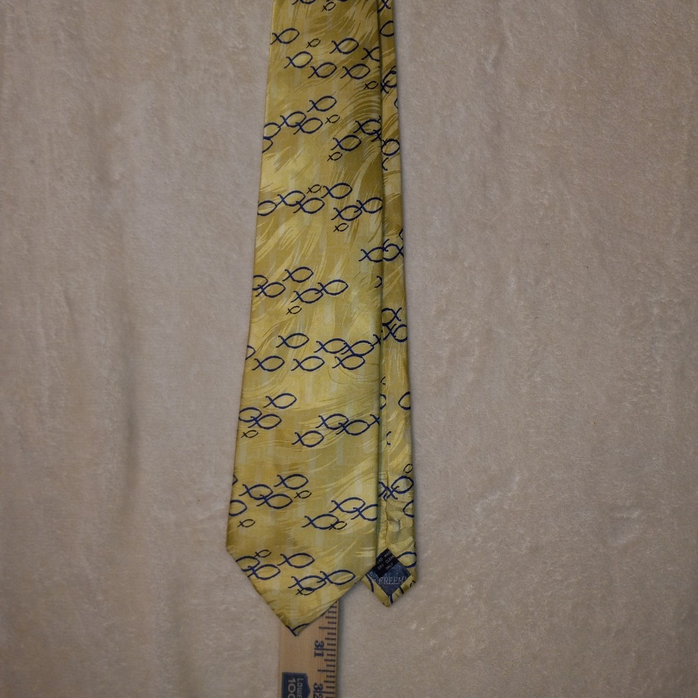 Free Man Apparel Tie Gold Christian Fish Ichthys Blue Fish100% Silk Made 3.5 61"